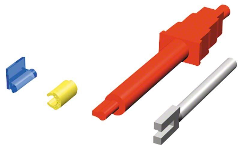 Extrakoronales Stabgeschiebe-Set mit bunten Kunststoffkomponenten.