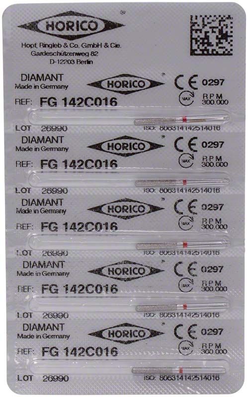Verpackung von Diamantschleifern FG 142C 016 mit Produktdetails.