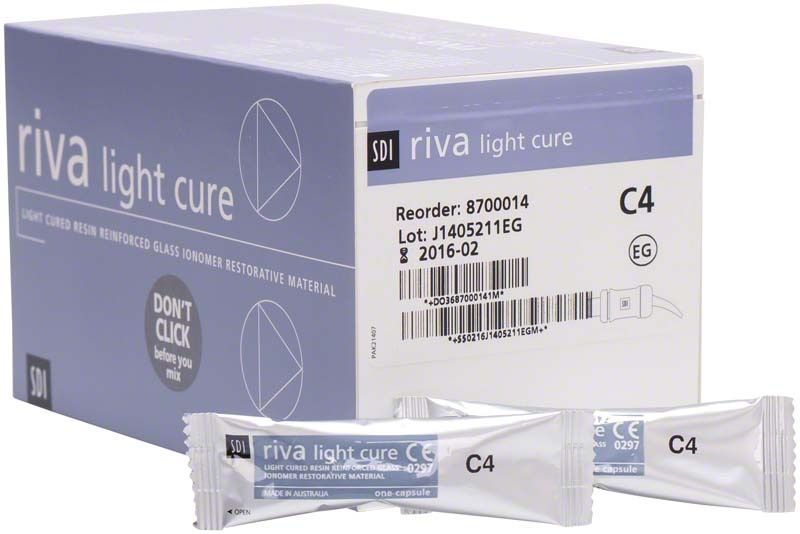 Riva Light Cure Kapseln Normalhärtend C4 Verpackung mit zwei einzelnen Kapseln.