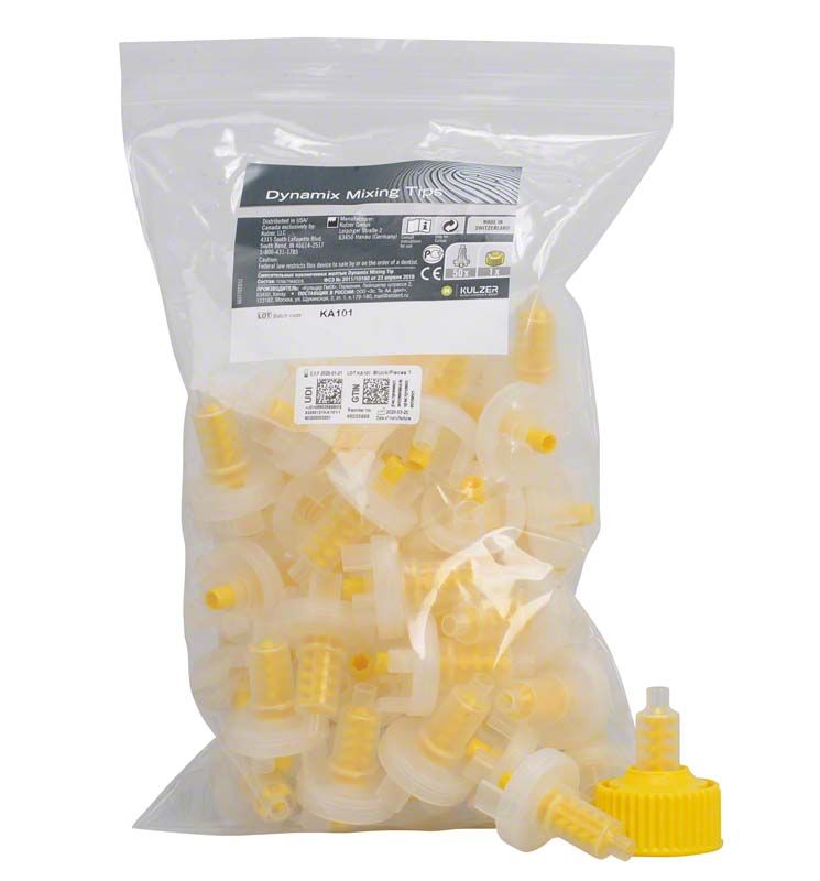 Dynamix Mixing Tips 50er im transparenten Beutel mit gelben Spitzen.