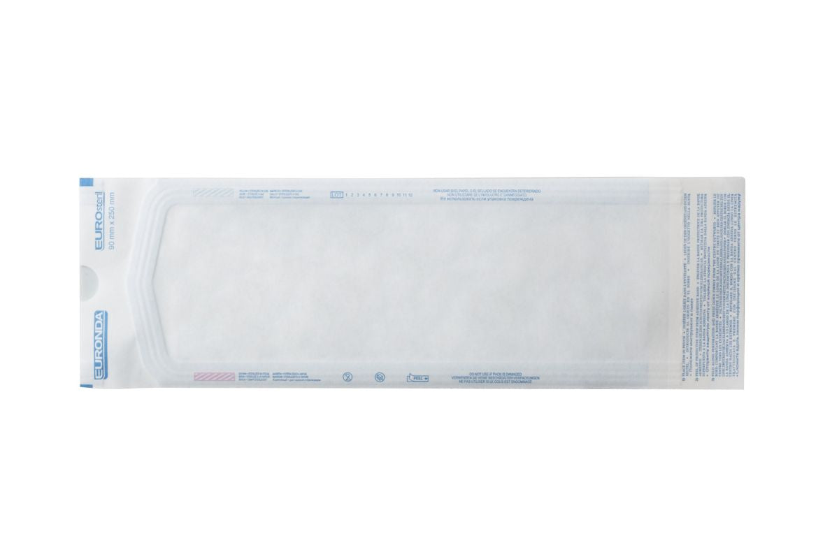 Sterilisationsverpackung Eurosteril Beutel 90 x 250mm mit selbstklebendem Verschluss.