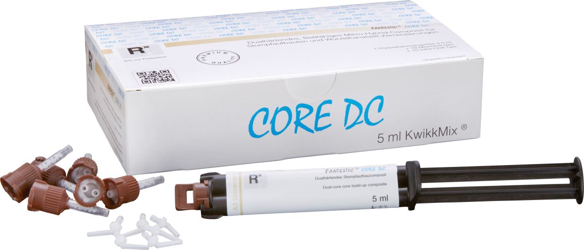 Selbsthärtendes Stumpfaufbaucomposite FANTESTIC CORE DC KwikkMix in weiß-opak mit Verpackung.