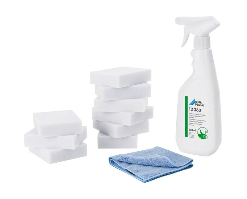 Reinigungsflüssigkeit FD 360 komplett mit Schwämmen und blauem Tuch.