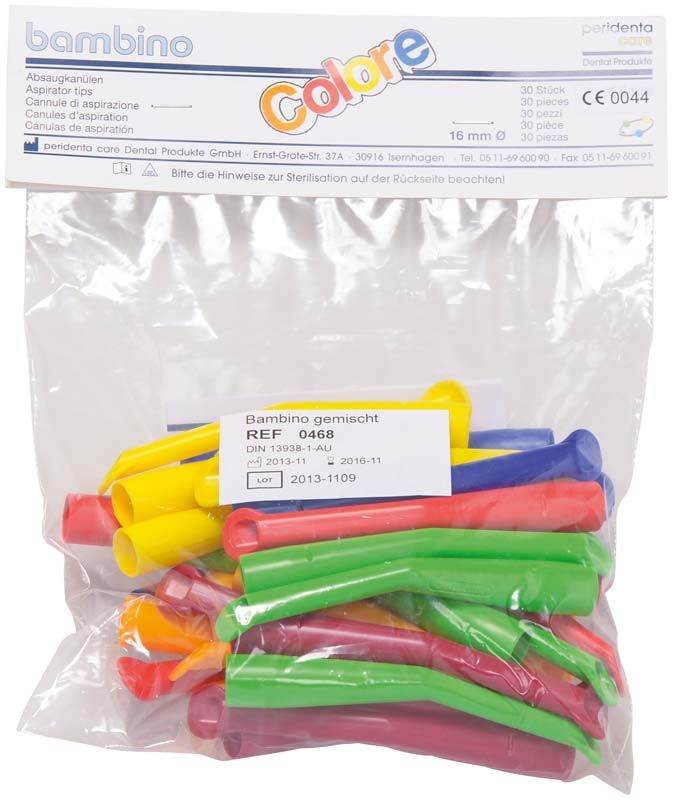 Absaugkanüle bambino colore sortiert, 30 Stück, in Kunststoffverpackung.