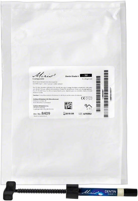Verpackung der Miris 2 Spritze Dentinmasse Shade 0 mit Etikettierung.