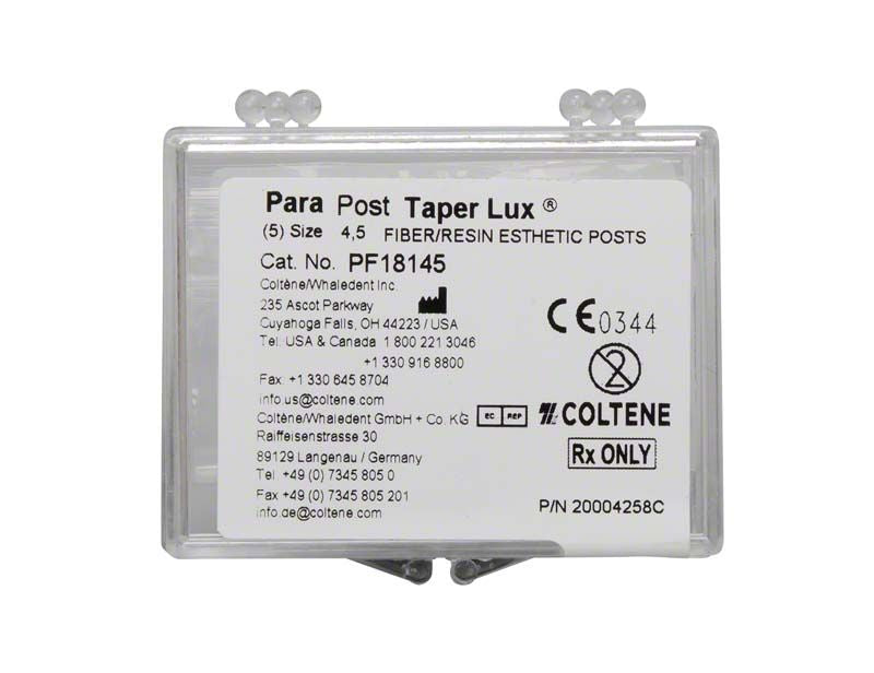 ParaPost® Taper Lux Wurzelstifte Gr. 4.5 in Kunststoffverpackung mit Produktdetails.