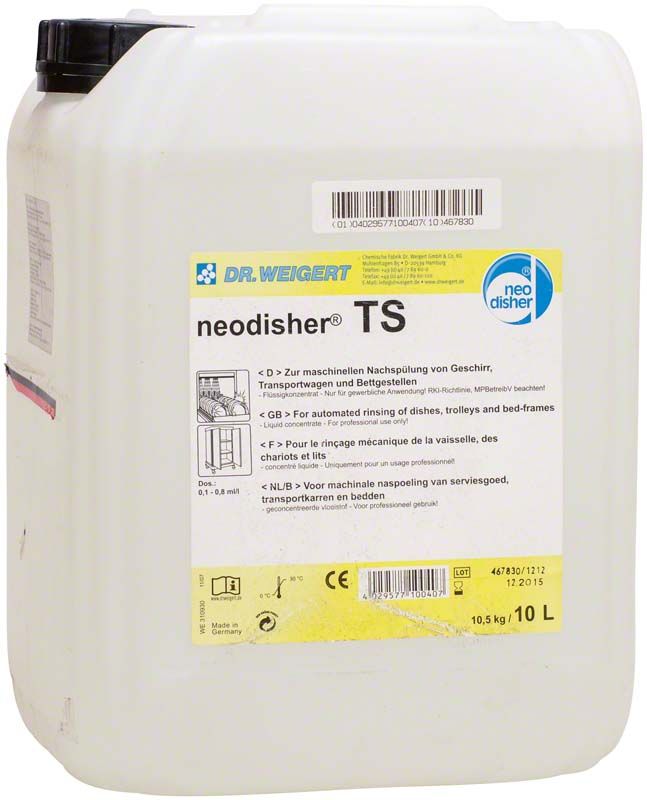 10-Liter-Kanister neodisher® TS mit Etiketten und Produktinformationen.