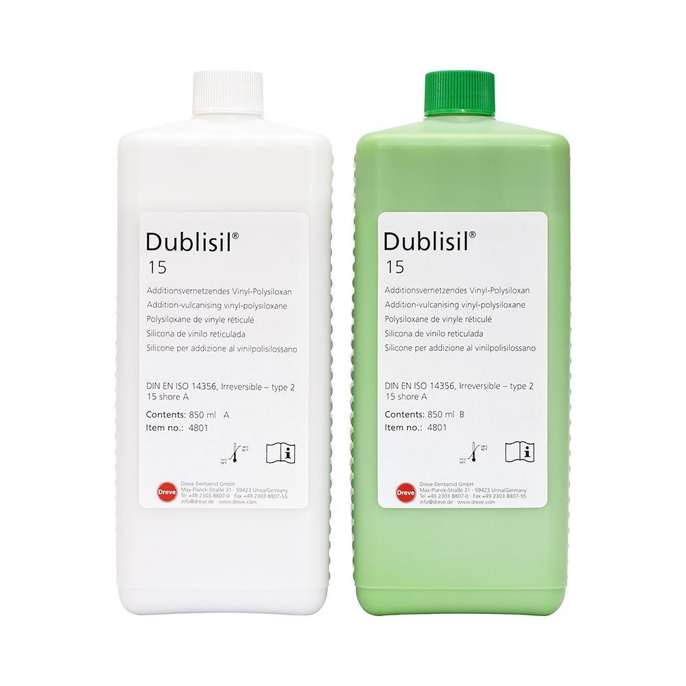 Dublisil® 15 A-Silikon, zwei 850ml Flaschen, weiß und grün.