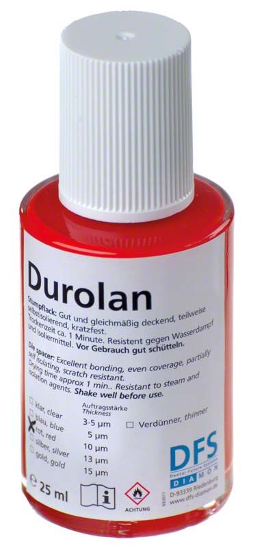 Durolan Stumpflack in roter Flasche mit Dosierdüse, 25 ml.