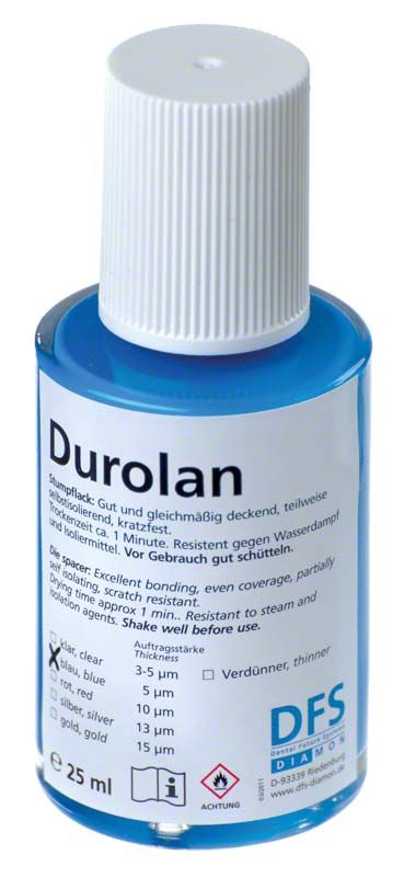 Durolan blau Stumpflack-Flasche mit weißem Schraubverschluss, 25 ml.