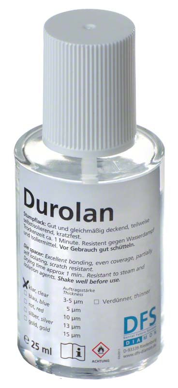 Durolan Stumpflack, 25 ml Flasche für Dentalanwendungen mit Etikett.