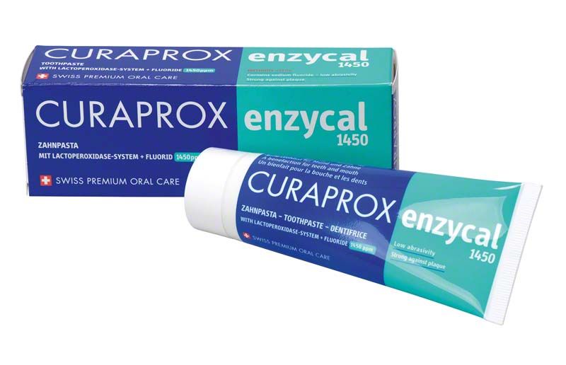 CURAPROX Enzycal 1450 Zahnpasta-Tube und Verpackung mit blau-grünem Design.
