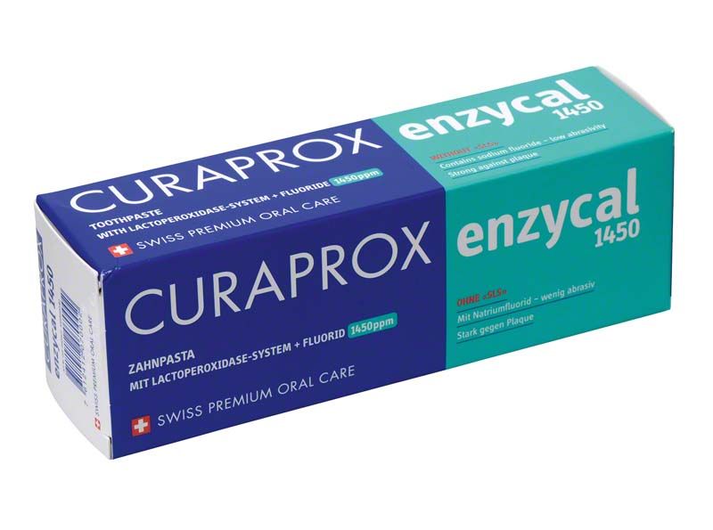 CURAPROX Enzycal 1450 Zahnpasta-Verpackung mit blau-grünem Design und Produktinformationen.