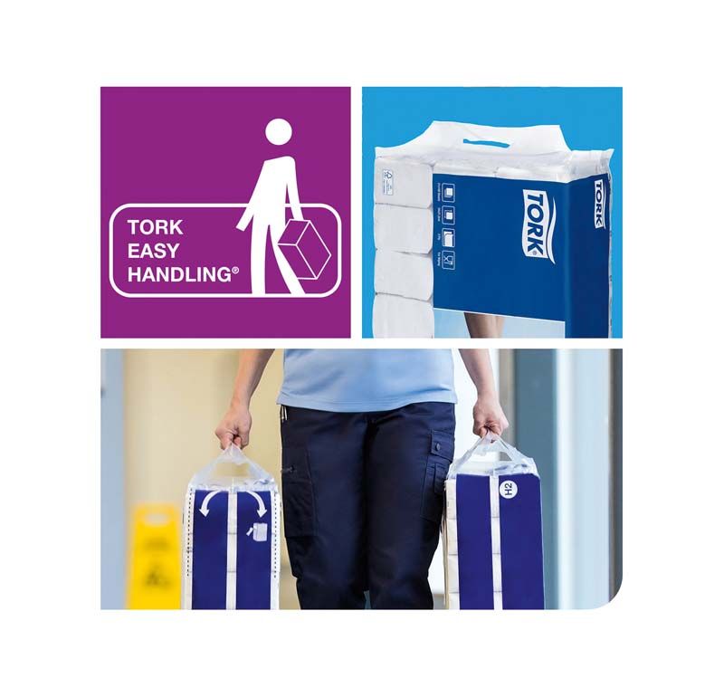 Tork Multifold Handtücher Weich in blauer Verpackung mit Tragegriff.