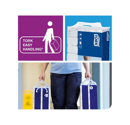 Tork Multifold Handtücher Weich in blauer Verpackung mit Tragegriff.