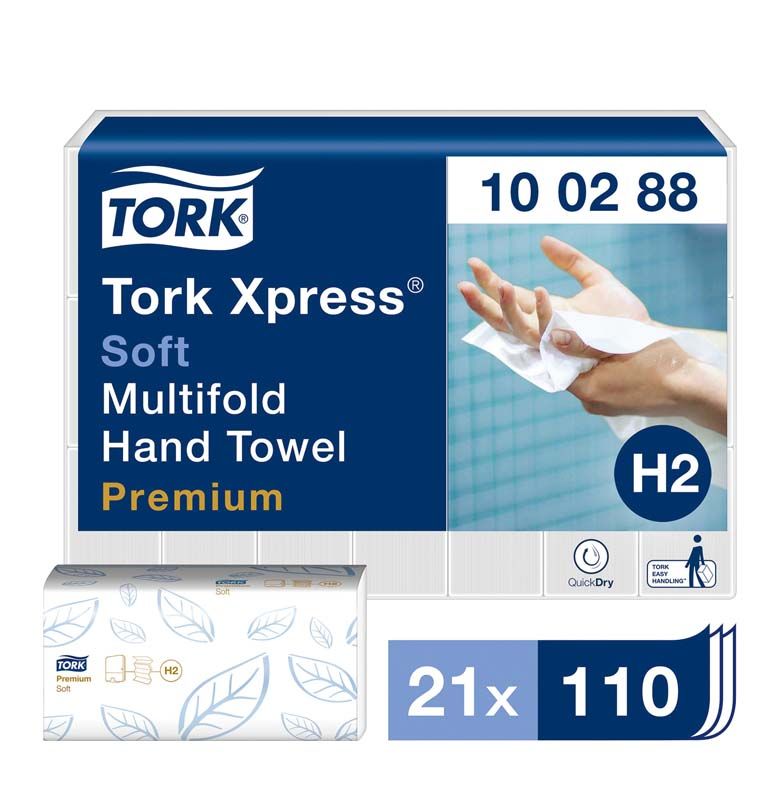 Tork Multifold Handtücher Weich in blauer Verpackung mit Handtuchspender-Symbol.