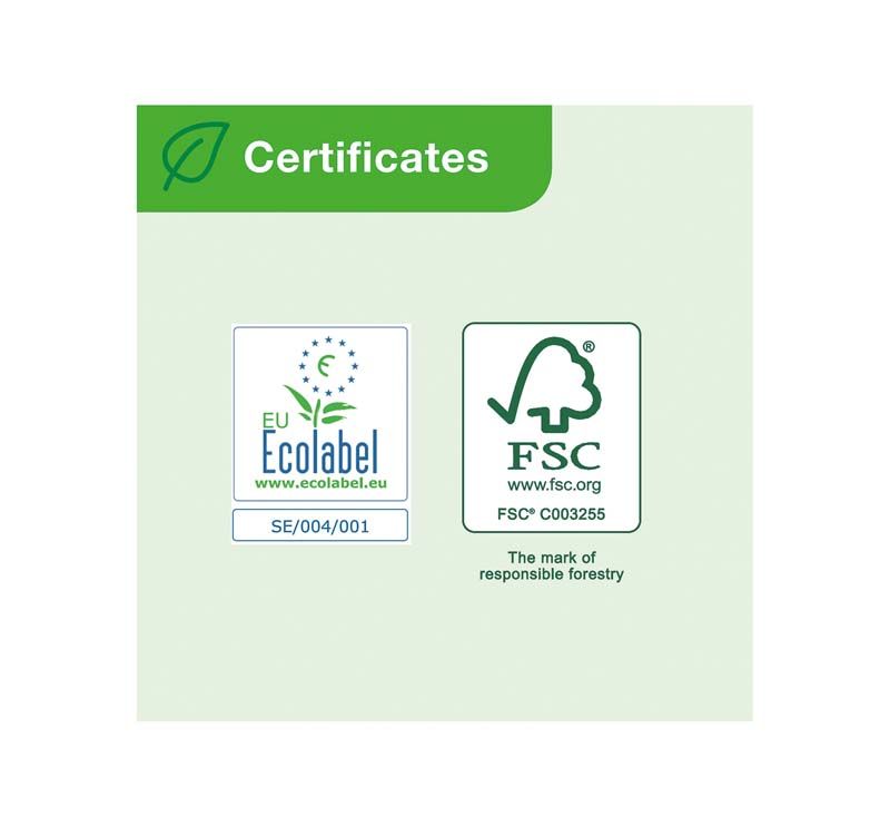 Zertifikate für Tork Multifold Handtücher mit EU Ecolabel und FSC-Siegel.