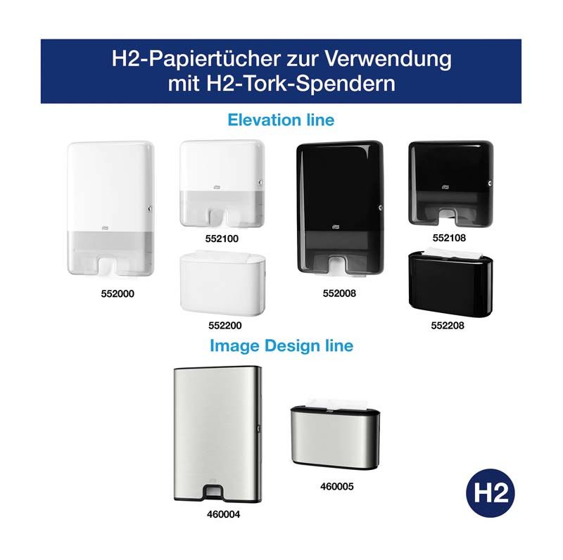 H2-Papiertuchspender in verschiedenen Designs für Tork Multifold Handtücher.