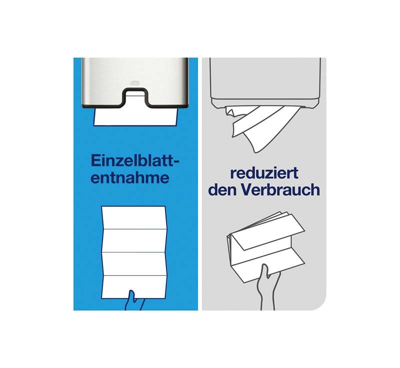 Einzelblattentnahme und reduzierter Verbrauch von Tork Multifold Handtüchern.