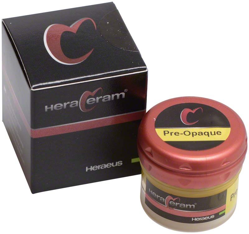 HeraCeram Pre-Opaque Dose neben schwarzer Verpackung mit rotem Logo.