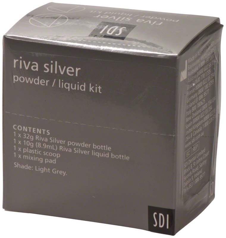 Graue Verpackung des Riva Silver Pulver/Liquid Kits für Zahnfüllungen.