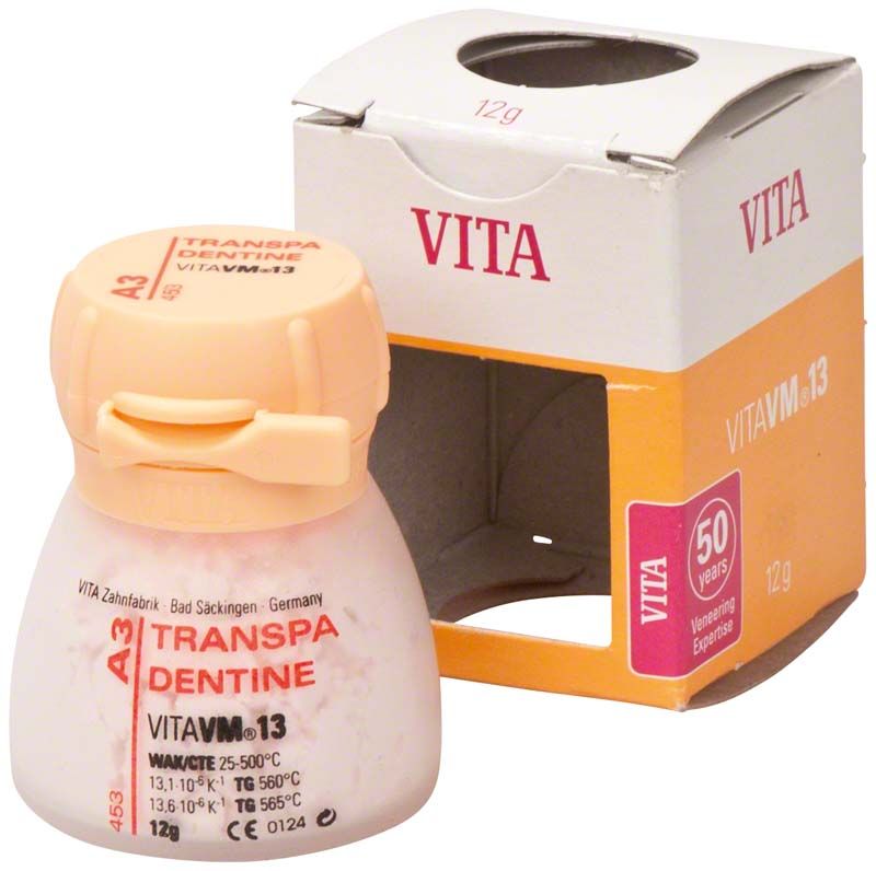 Transpa Dentin VM13 A3, 12g Dose vor Verpackung.