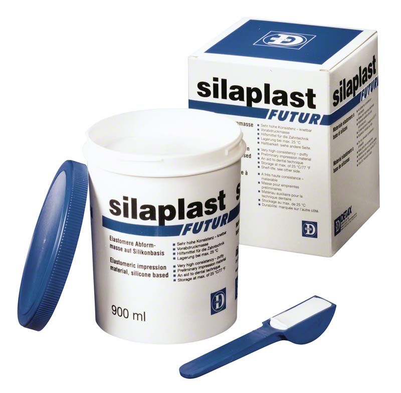 Silaplast Futur Abformmaterial 900ml Dose mit Verpackung und Spatel.