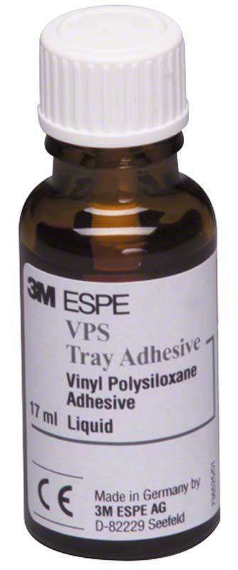 Braunes Glasfläschchen mit Aufschrift "VPS Tray Adhesive" und 3M-Logo.