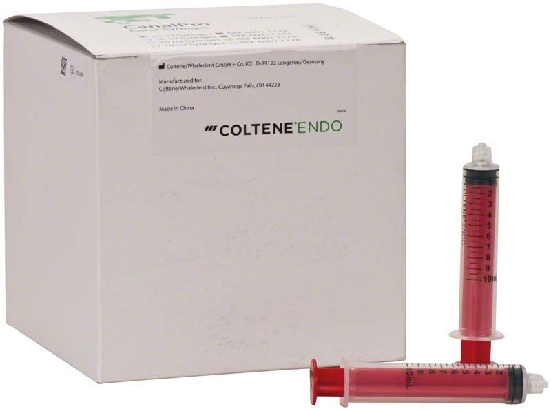 CanalPro™ Einmalspritzen 10ml rot, farbkodiert für dentale Anwendungen.