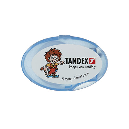 Tandex Zahnseide Spenderbox 5m mit Comicfigur auf blauem Hintergrund.
