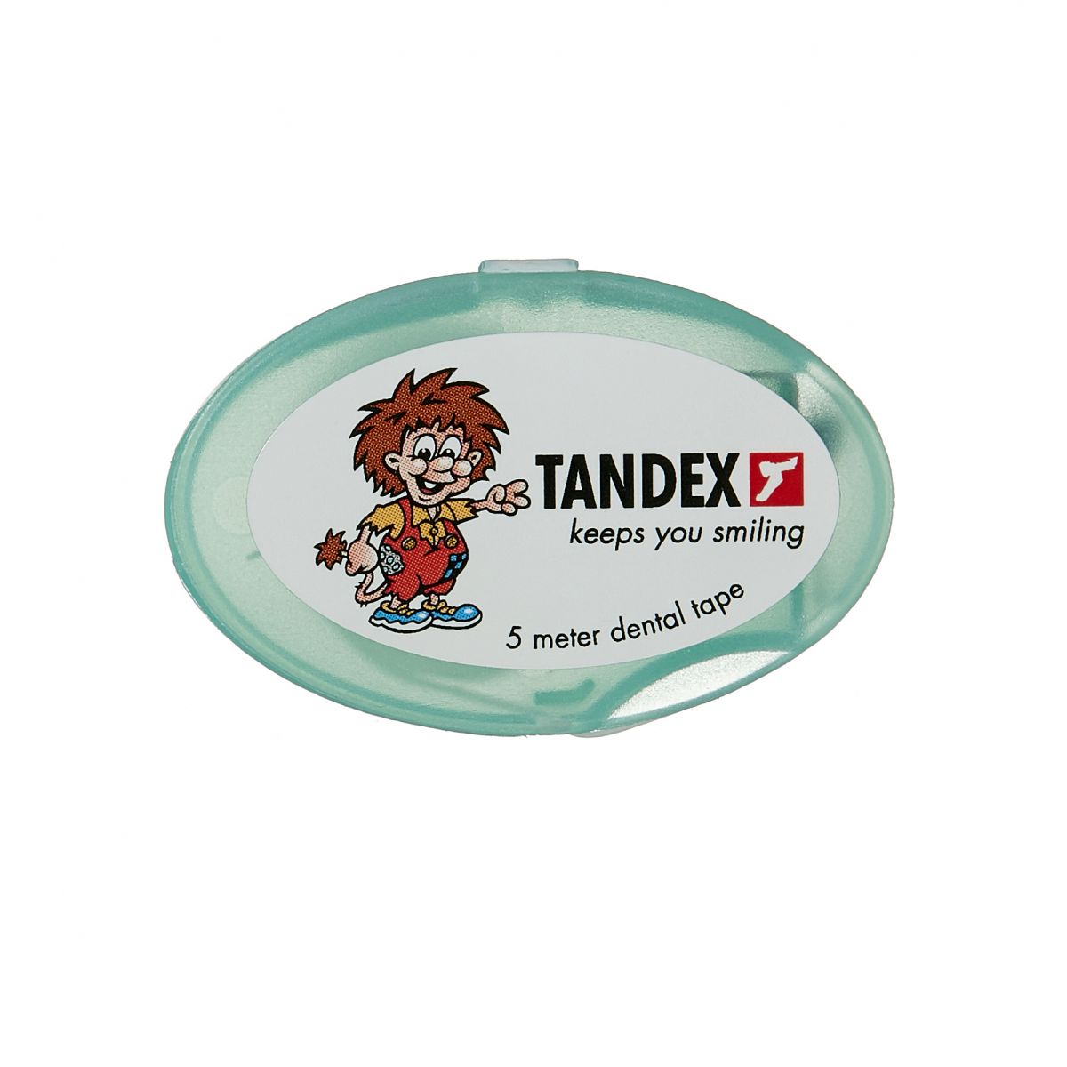 Tandex Zahnseide Spenderbox 5m mit Comicfigur und Logo auf weißem Hintergrund.