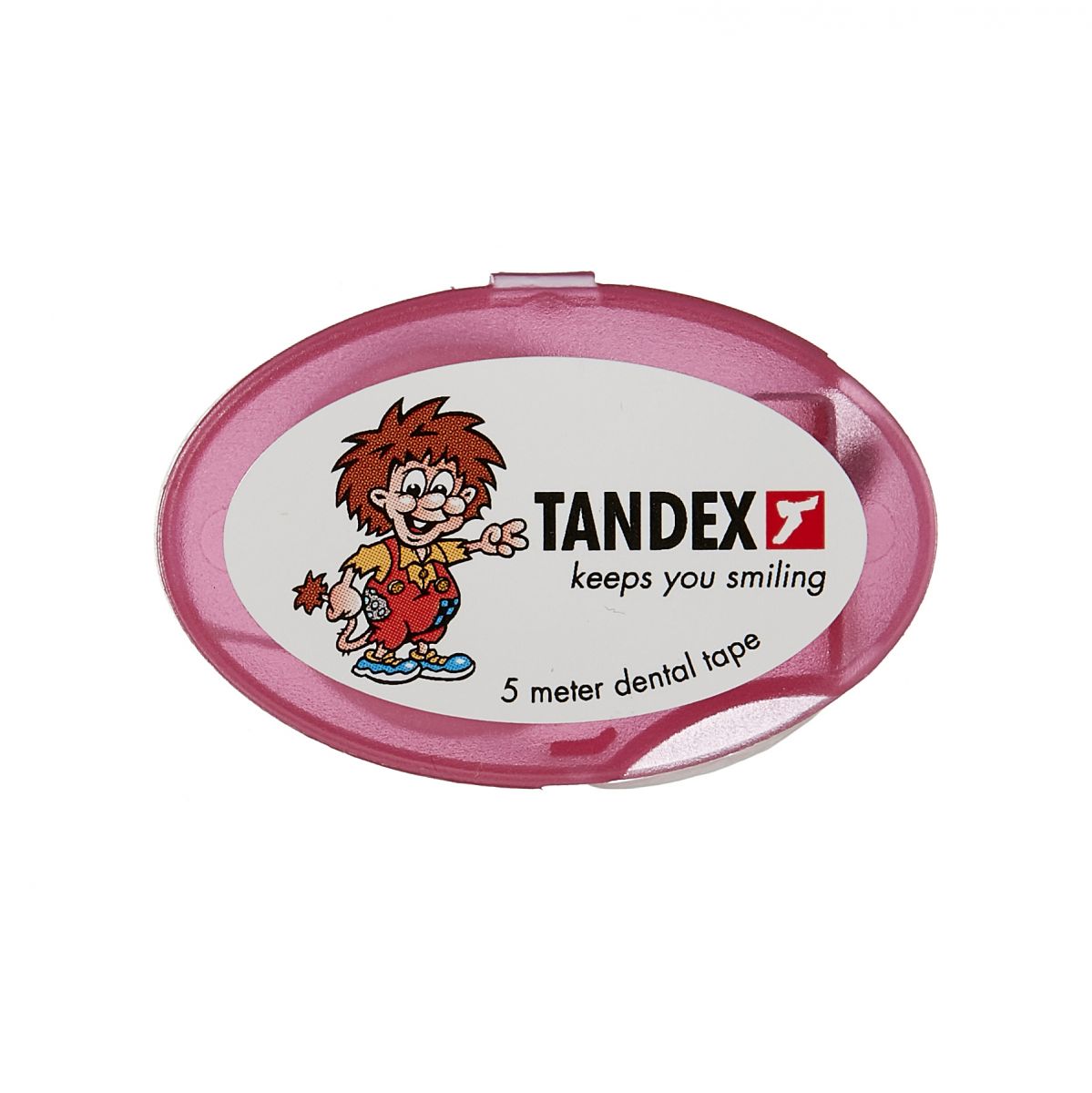 Tandex Zahnseide Spenderbox 5m mit Comicfigur auf rosa Hintergrund.
