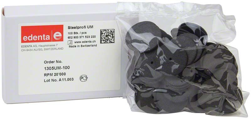 Kleine schwarze Schleifscheiben "Steelprofi" in transparenter Verpackung.