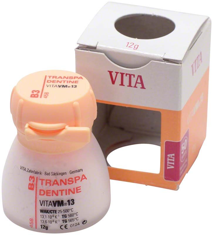Transpa Dentin VM13 B3 in 12g Dose mit geöffneter Verpackung.