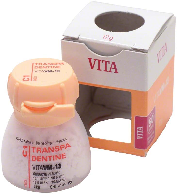 Transpa Dentin VM13 C1, 12g Dose mit geöffneter Verpackung.
