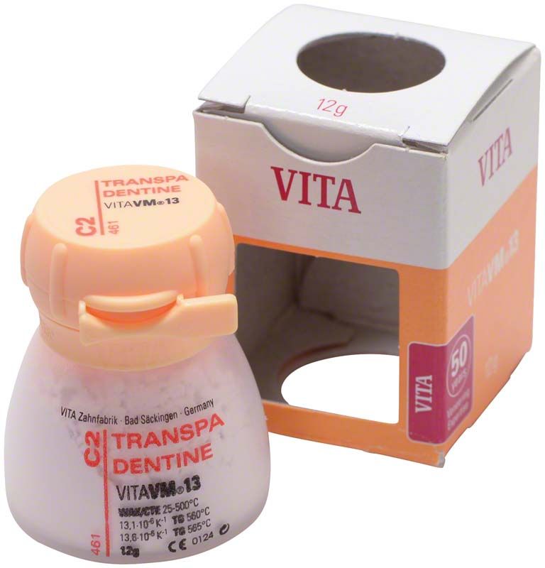 Transpa Dentin VM13 C2, 12g Dose mit Verpackung.