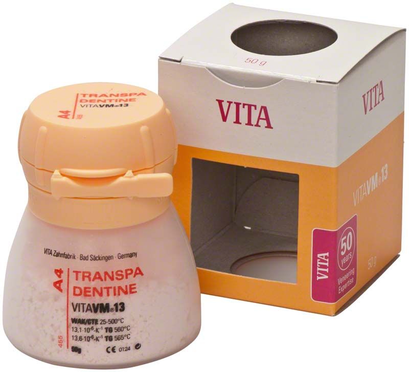 Transpa Dentin VM13 A4, 50g Dose neben Originalverpackung.