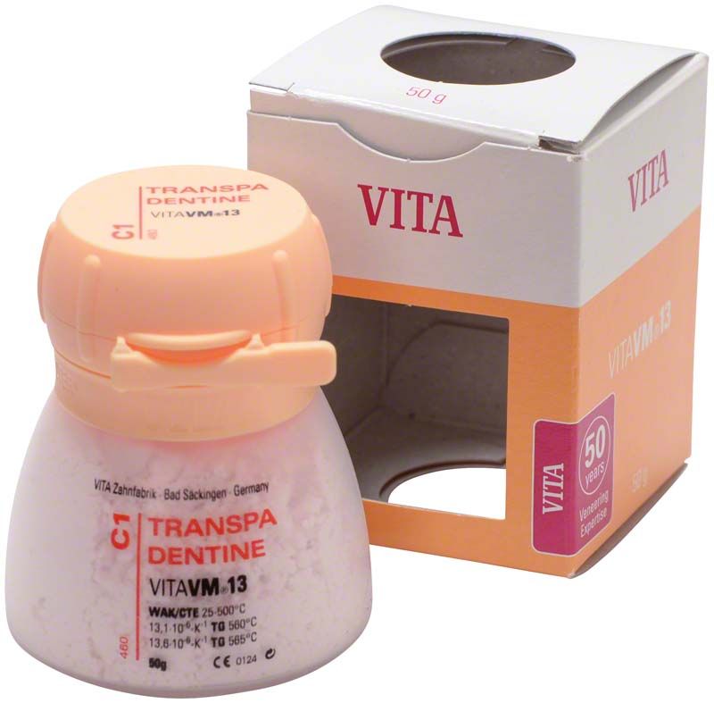 Transpa Dentin VM13 C1 in 50g Dose mit Verpackung.