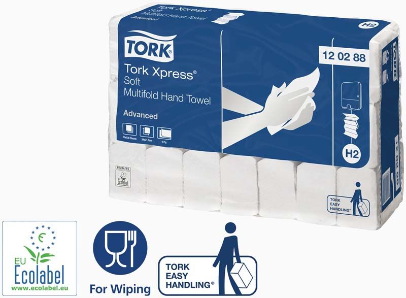 Tork Advanced weiße Multifold Papierhandtücher, Premiumverpackung mit Ecolabel.