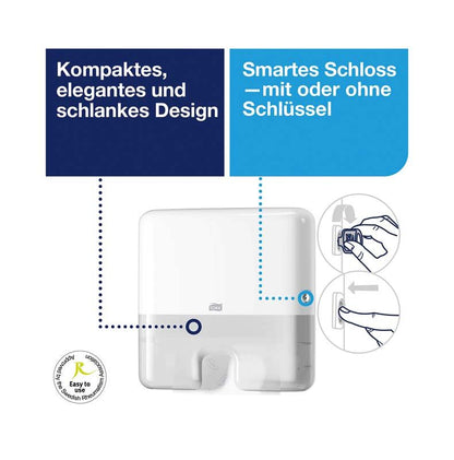 Kompakter weißer Tork Elevation Handtuchspender mit smartem Schloss.