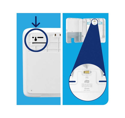 Detailansicht des Tork Elevation Handtuchspenders mit Fokus auf die Rückseite.