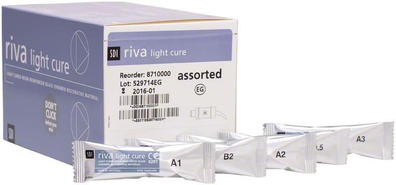 Sortimentspackung Riva Light Cure Kapseln mit verschiedenen Härtegraden.