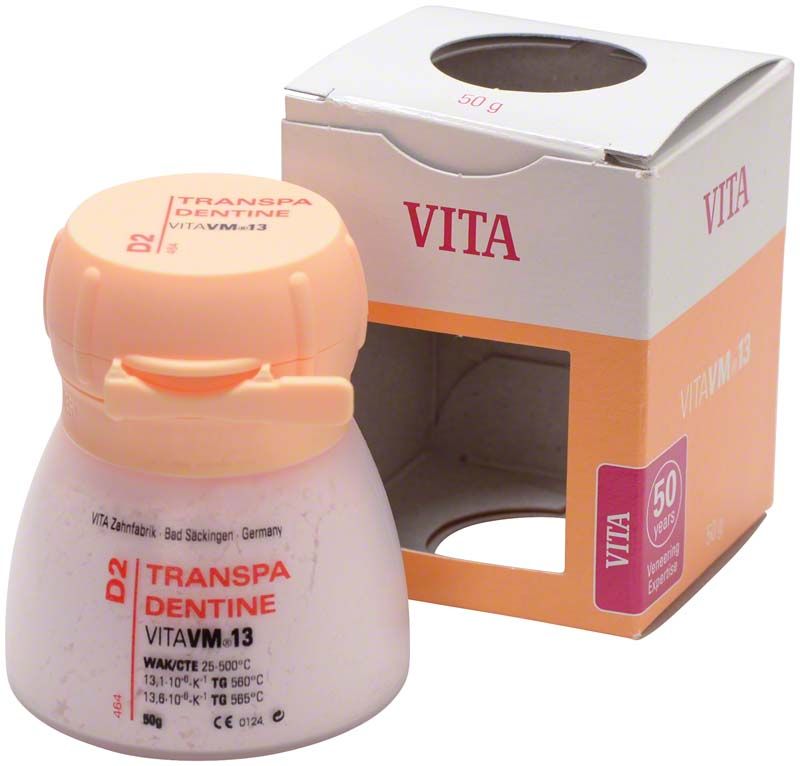 VM13 Transpa Dentin 50g D2 Zahntechnik-Pulver mit Verpackung.