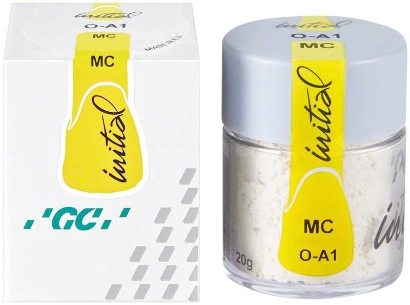 Glasbehälter mit GC Initial MC Powder Opaque 20g O-A1 und Verpackung.