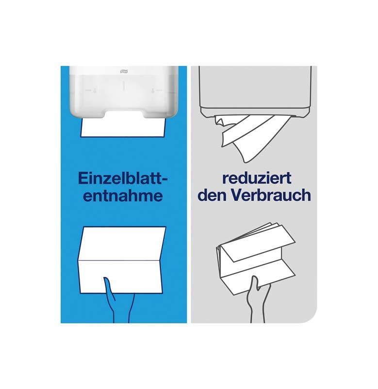 Einzelblattentnahme des Tork Elevation Mini H3 Handtuchspenders, reduziert Verbrauch.