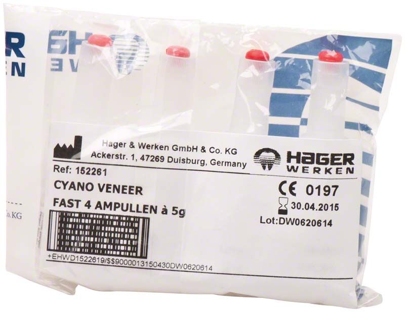 Cyano Fast Acrylkleber Ampullenverpackung mit Produktdetails und Herstellerlogo.