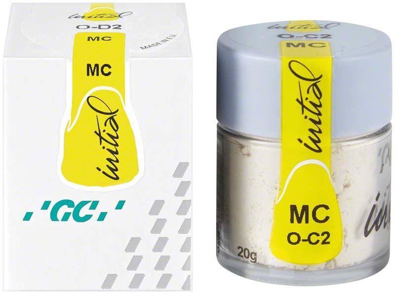 Dose mit GC Initial MC Powder Opaque 20g O-C2, gelbes Etikett.