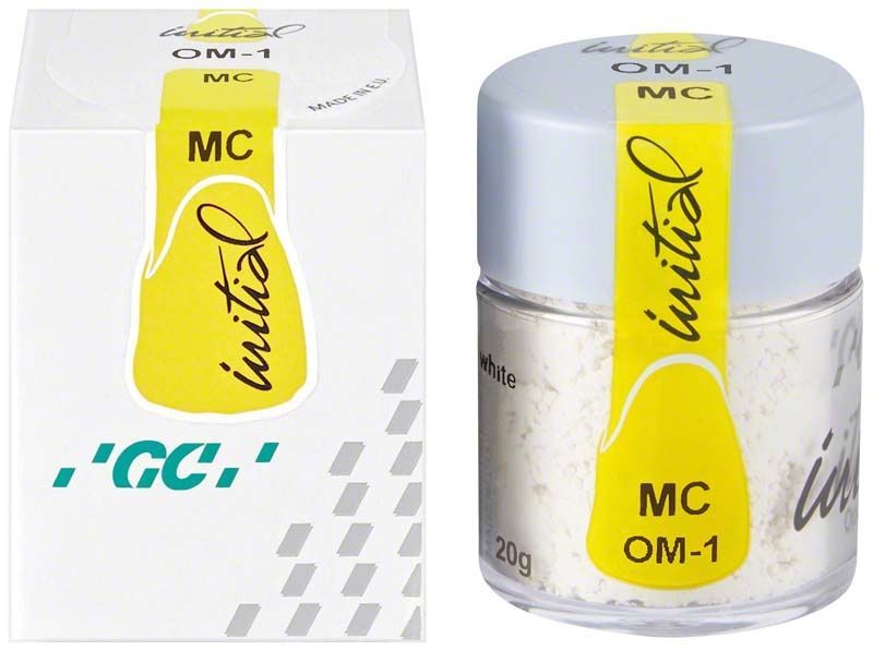 GC Initial MC Powder Opaque Modifier 20g, Verpackung und Dose mit gelbem Etikett.