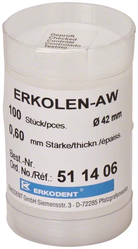 Transparente Verpackung mit Etikett "Erkolen-AW 0,6mm 100er" von Erkodent.