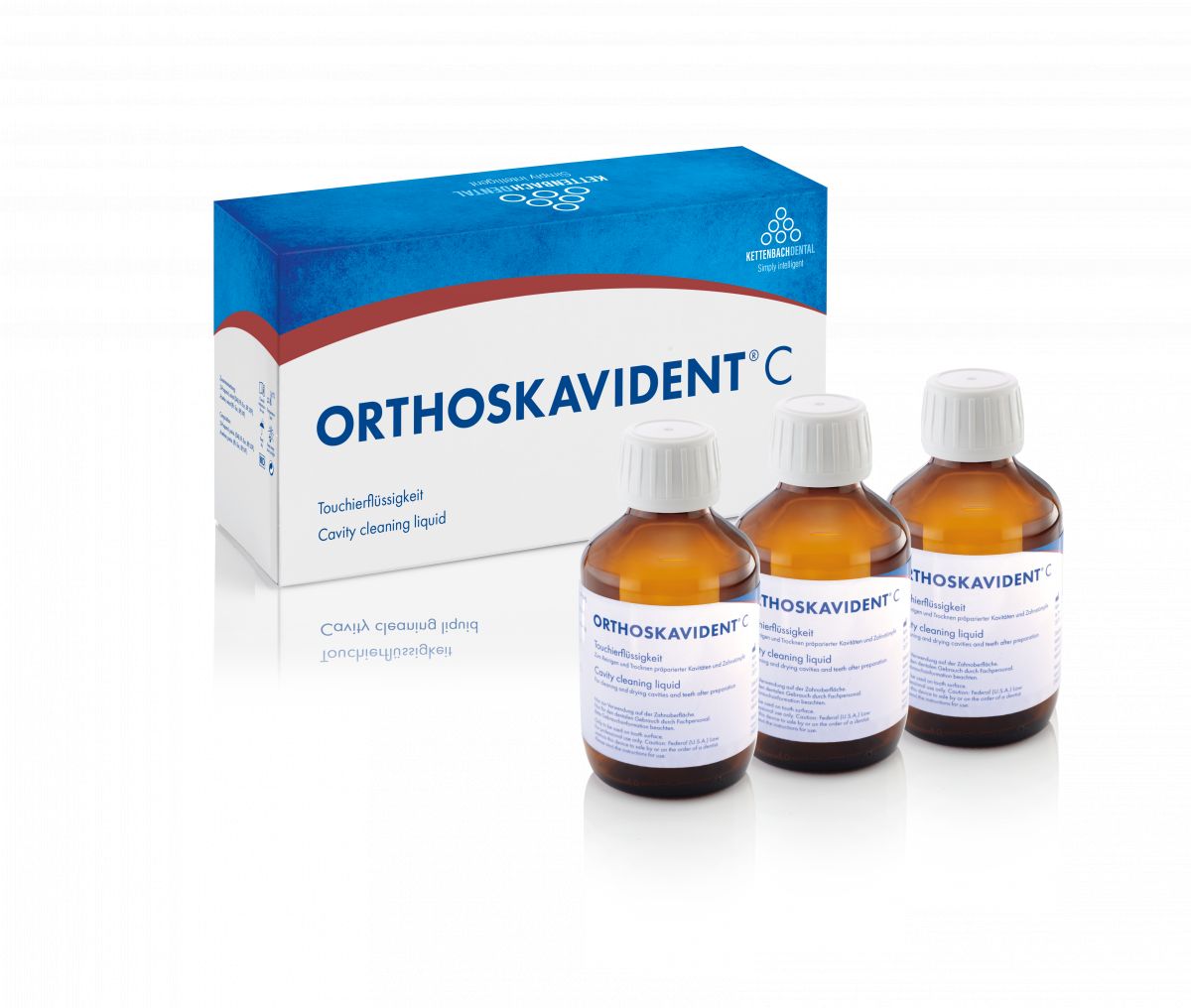 Orthoskavident C Reinigungsflüssigkeit, 3 x 150ml Flaschen vor Produktverpackung.